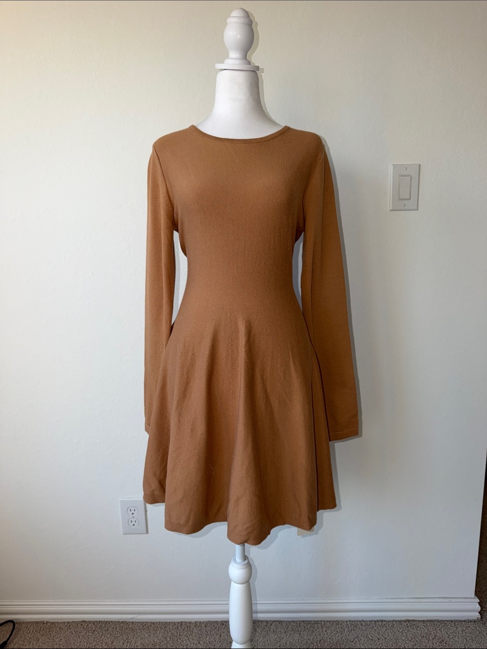 Commense Long Sleeve A-Line Dress in Camel Brown